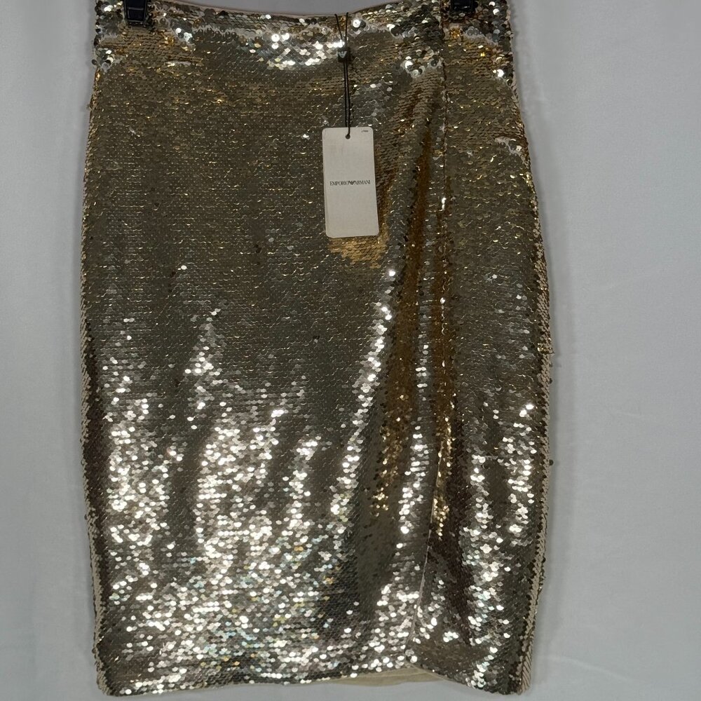 Emporio Armani NWT Gold Mid Length Sequin Skirt with 1/4 Slit